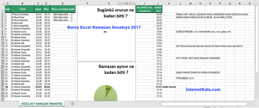 Bursa Excel Ramazan İmsakiyesi 2017