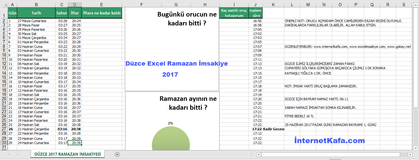Düzce Excel Ramazan İmsakiyesi 2017