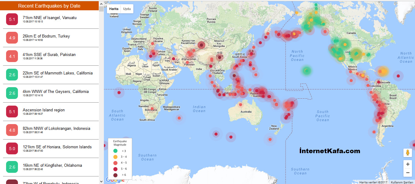 Depremleri Harita Üzerinde Görün