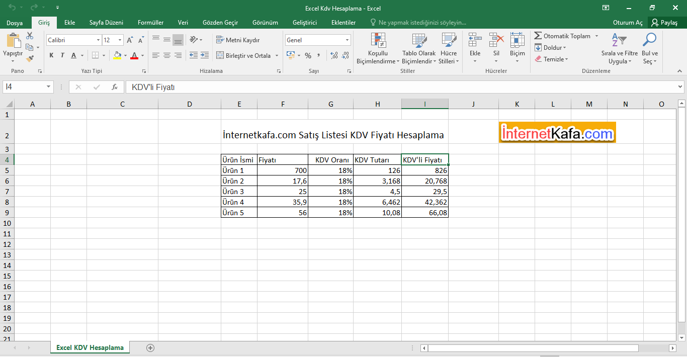Excel ile KDV Hesaplama Yapalım