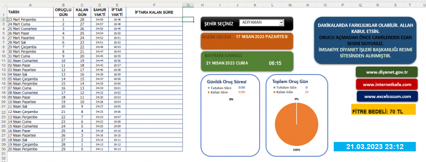 Tüm İllerin ve İlçelerin Excel Ramazan 2023 İmsakiyesi